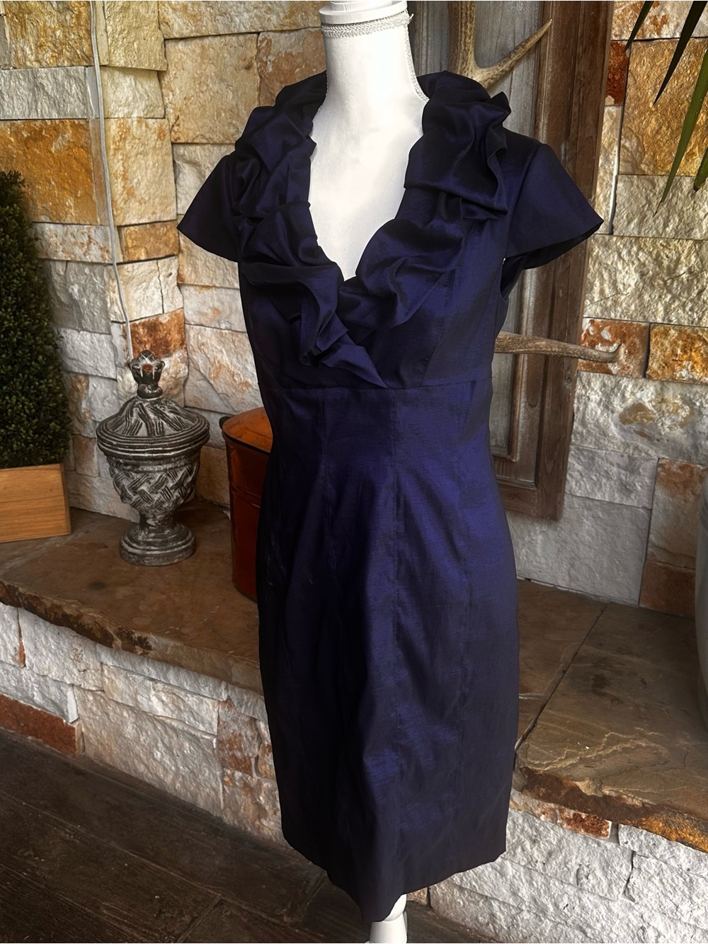 Navy Ruffle V-Neck Sheath Dress